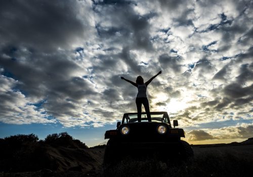 winner and satisfaction concept. traveler cute girl with nice body standing up on the front of the car with amazing sunset on the background. Tenerife location.
